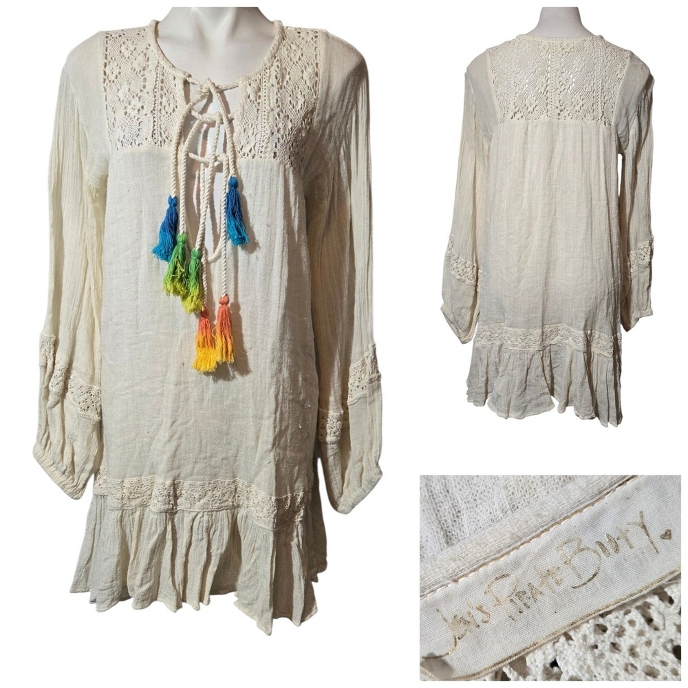 Jens Pirate Booty Cotton Crochet Lace Tunic Dress Rainbow Tassel Cream P/S